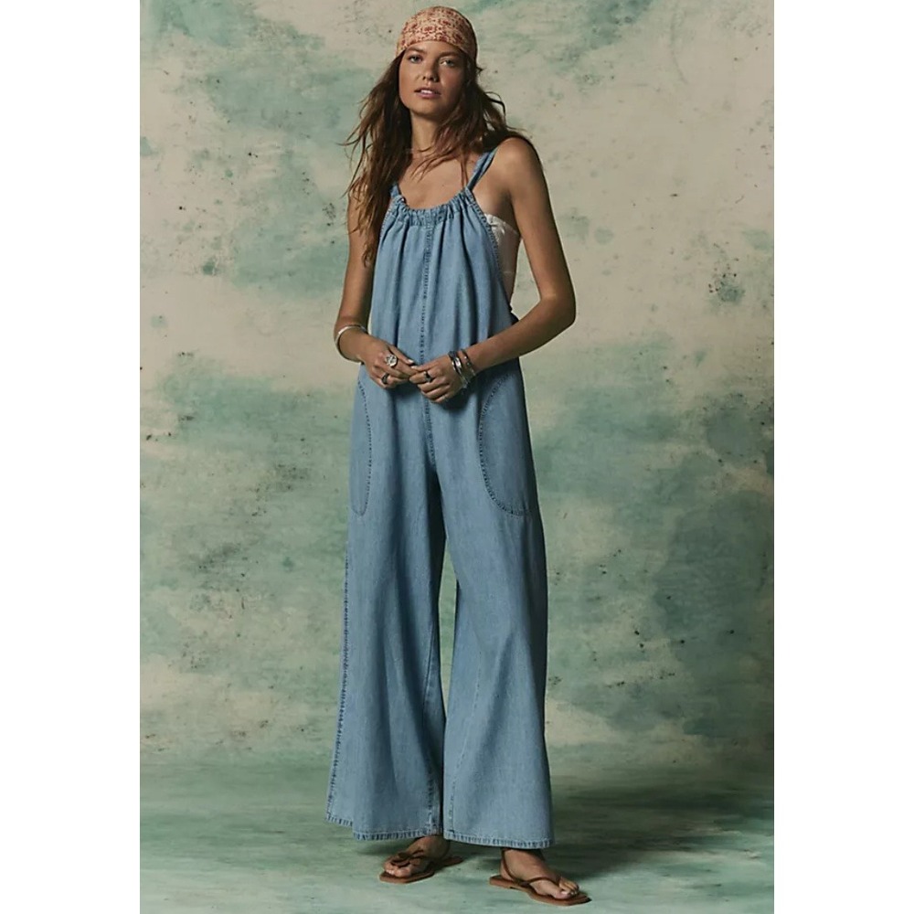 Free People Freebird Jumpsuit Women XL Blue Denim Wide Leg Boho Coastal Relaxed